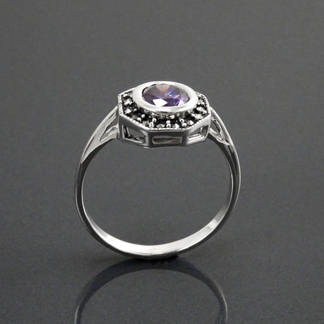 Amethyst Marcasite Ring, Sterling Silver, Vintage Octagonal Ring, Purple Amethyst Color Cz, Dainty Retro Violet Stone Rings, Women Gifts