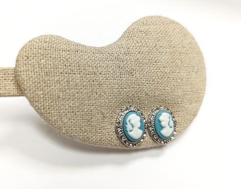 Sterling Silver Cameo Earrings – Blue White Resin Woman Portrait, Victorian Studs 925