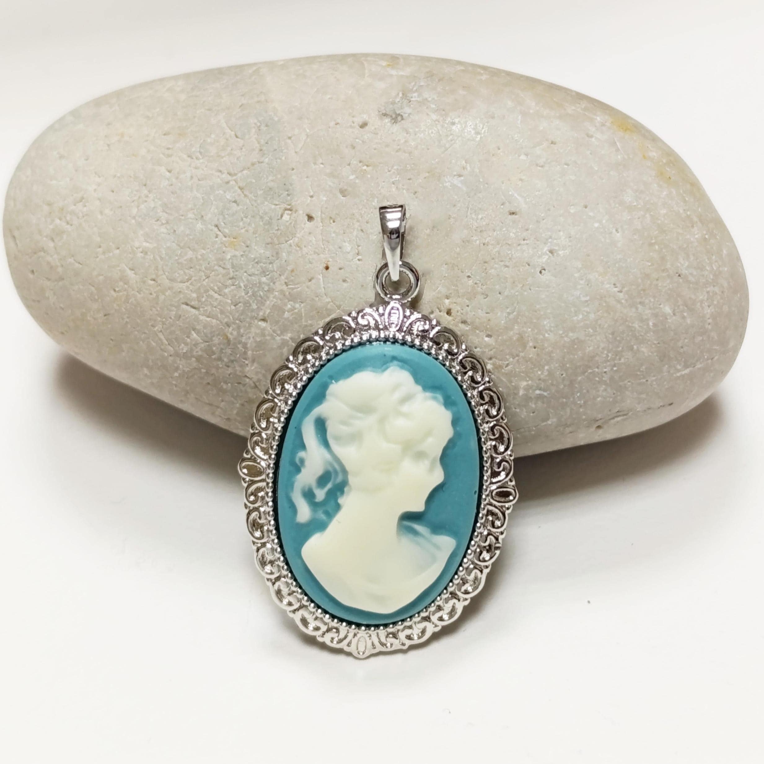 Sterling Silver Cameo Earrings – Blue White Resin Woman Portrait, Victorian Studs 925