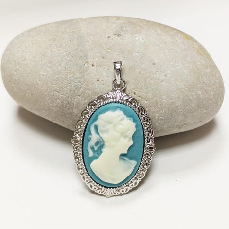Sterling Silver Cameo Earrings – Blue White Resin Woman Portrait, Victorian Studs 925