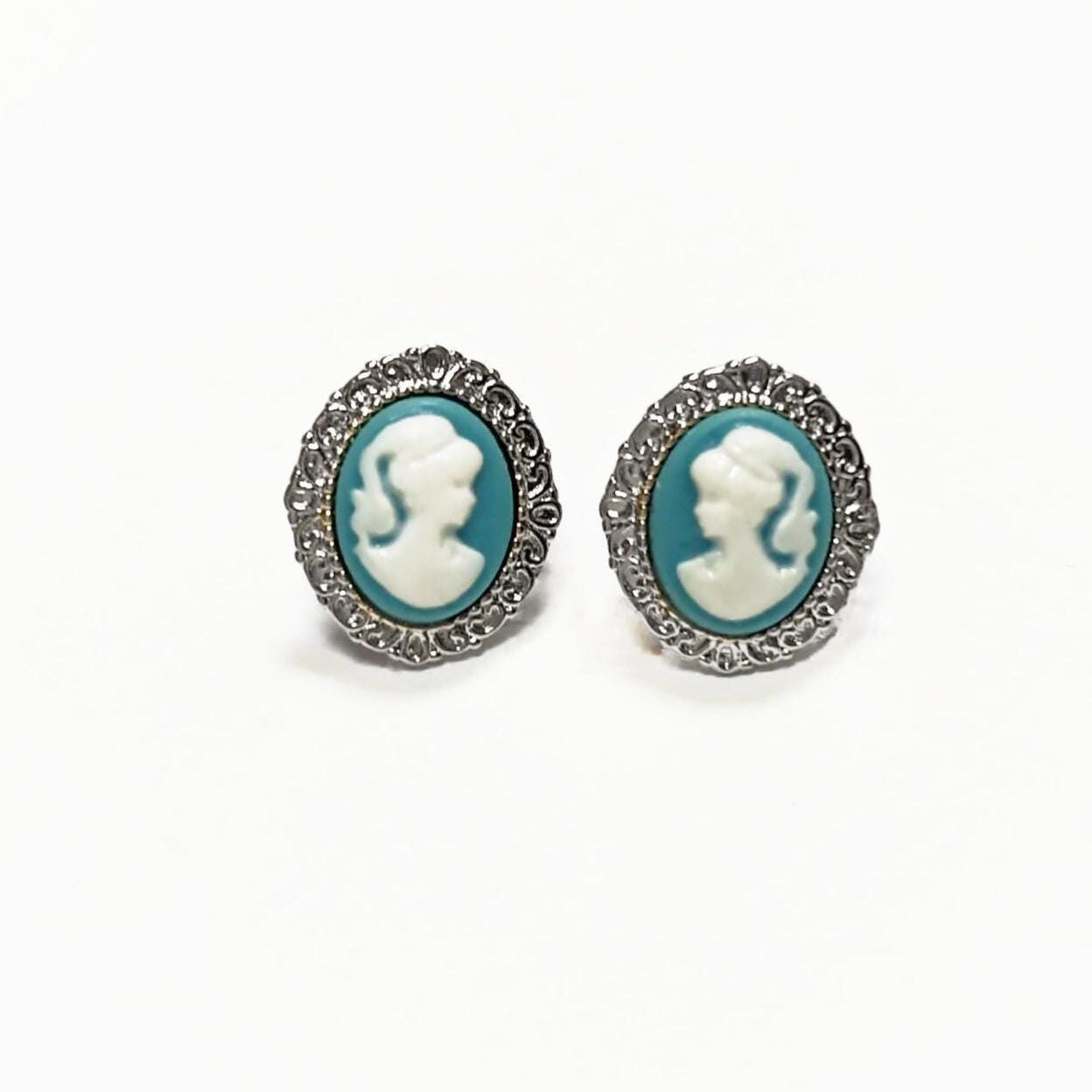 Sterling Silver Cameo Earrings – Blue White Resin Woman Portrait, Victorian Studs 925