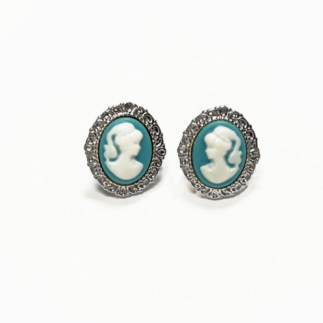 Sterling Silver Cameo Earrings – Blue White Resin Woman Portrait, Victorian Studs 925
