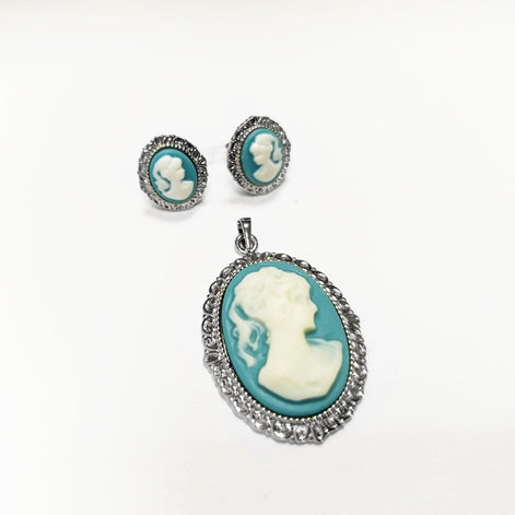 Sterling Silver Cameo Earrings – Blue White Resin Woman Portrait, Victorian Studs 925