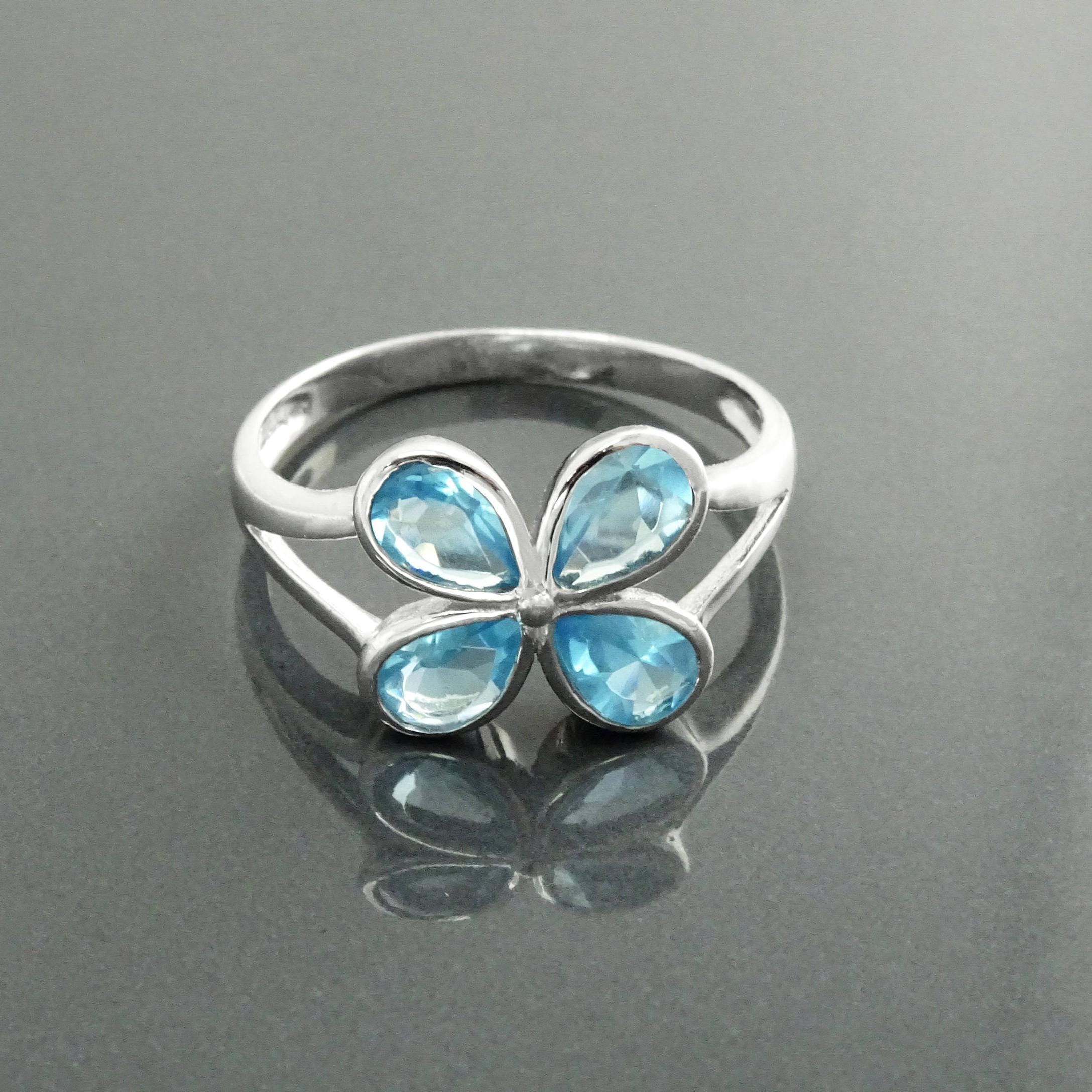 925 Aquamarine Blue cz Flower Ring, Sterling Silver, Minimalist Stone Jewelry, Modern BLUE CZ ring