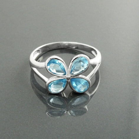 925 Aquamarine Blue cz Flower Ring, Sterling Silver, Minimalist Stone Jewelry, Modern BLUE CZ ring