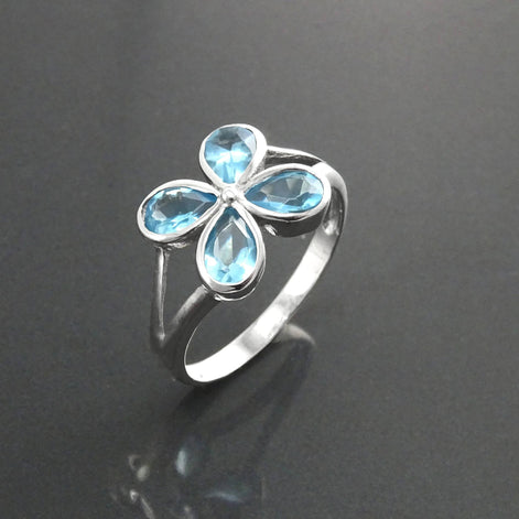 925 Aquamarine Blue cz Flower Ring, Sterling Silver, Minimalist Stone Jewelry, Modern BLUE CZ ring
