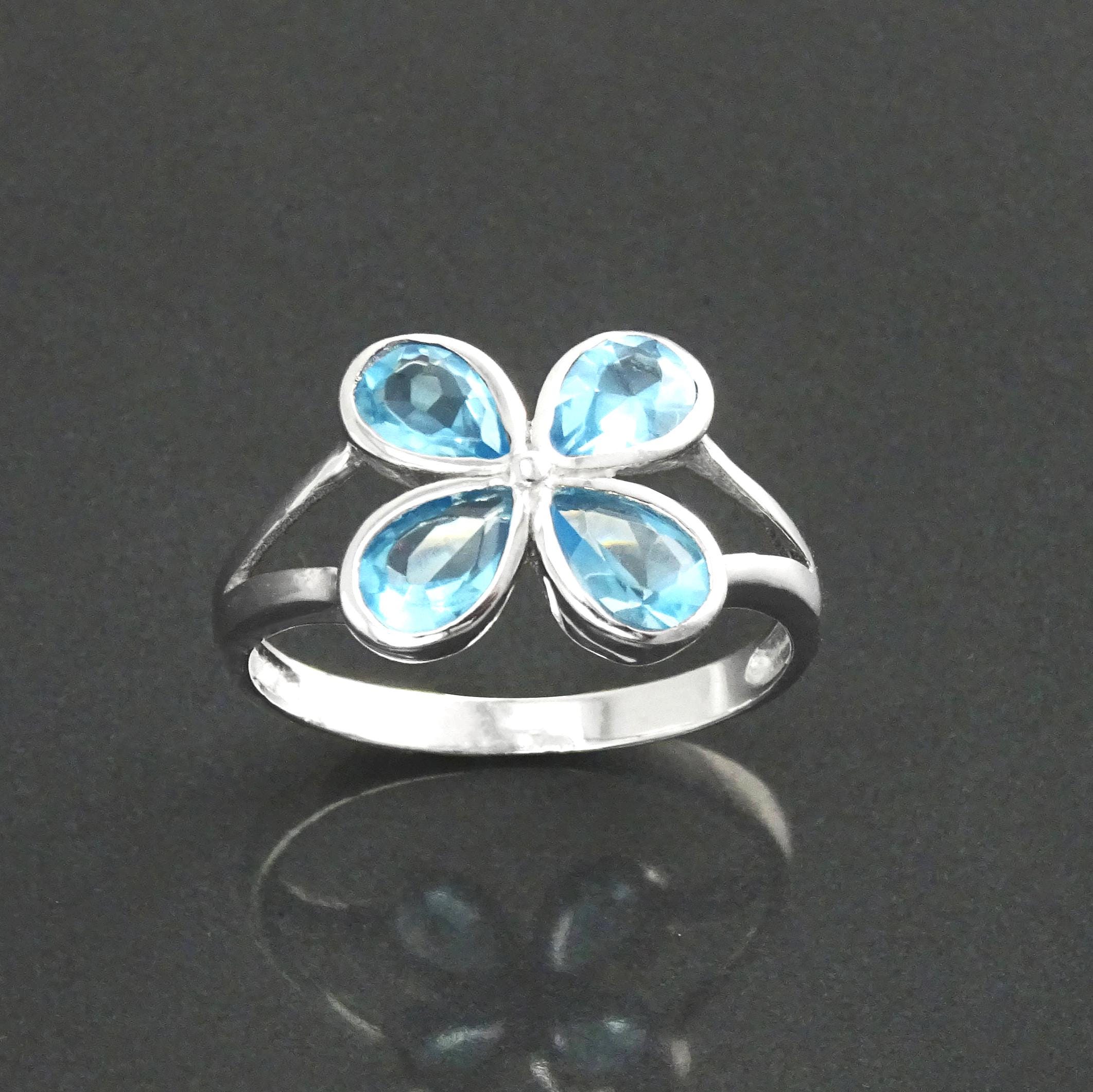 925 Aquamarine Blue cz Flower Ring, Sterling Silver, Minimalist Stone Jewelry, Modern BLUE CZ ring