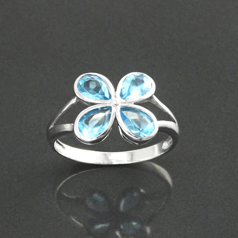 925 Aquamarine Blue cz Flower Ring, Sterling Silver, Minimalist Stone Jewelry, Modern BLUE CZ ring