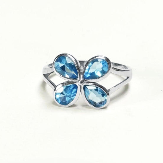 925 Aquamarine Blue cz Flower Ring, Sterling Silver, Minimalist Stone Jewelry, Modern BLUE CZ ring