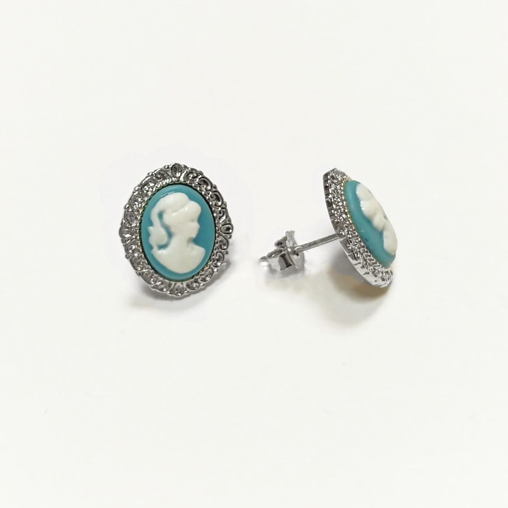 Sterling Silver Cameo Earrings – Blue White Resin Woman Portrait, Victorian Studs 925