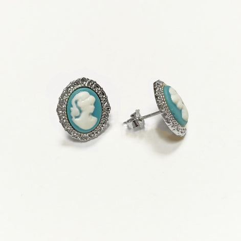 Sterling Silver Cameo Earrings – Blue White Resin Woman Portrait, Victorian Studs 925