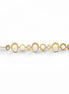 overview of a geometric bracelet opened
Product type: bracelet
Material:  18K Gold Filled, stainless steel base
Color: yellow gold
Style: statement, geometric, elegant, modern
Design details: hammered open circle and oval links, graduated sizes, textured finish, airy openwork design, lobster clasp with extender
Best for: statement styling, special occasions, everyday elevated wear, gifting, artistic jewelry lovers