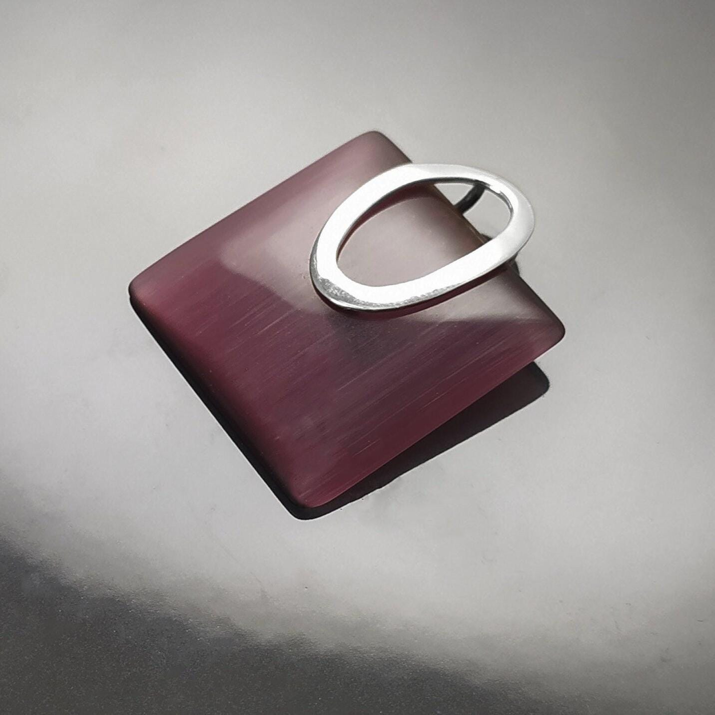 Purple Amethyst Cat's Eye Pendant, Sterling Silver 925 Geometric Necklace