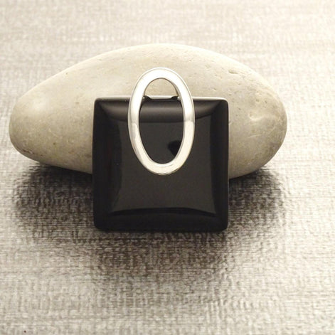 Square Black Onyx Pendant, Sterling Silver Oval Bail, Minimalist Geometric Jewelry