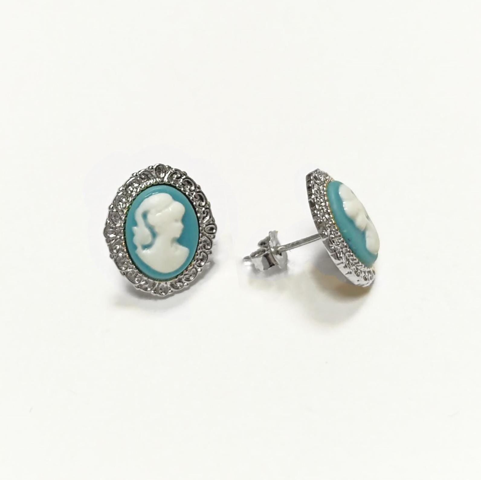 Sterling Silver Cameo Earrings – Blue White Resin Woman Portrait, Victorian Studs 925
