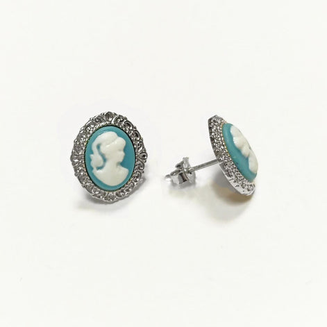 Sterling Silver Cameo Earrings – Blue White Resin Woman Portrait, Victorian Studs 925