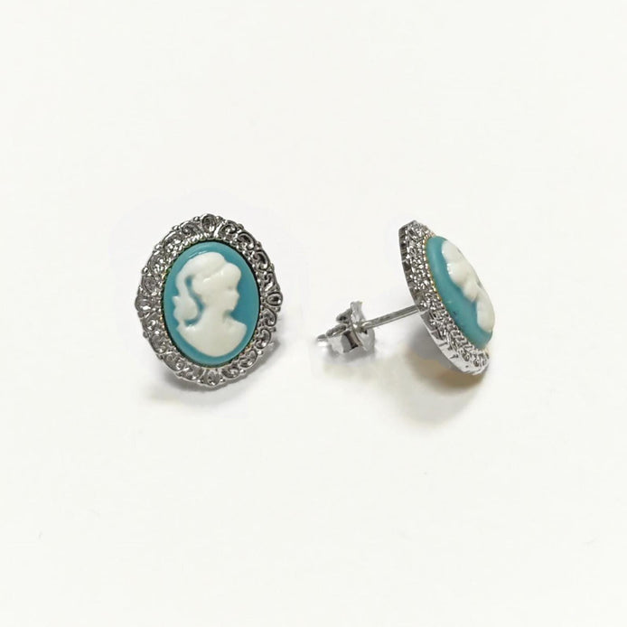 Sterling Silver Cameo Earrings – Blue White Resin Woman Portrait, Victorian Studs 925