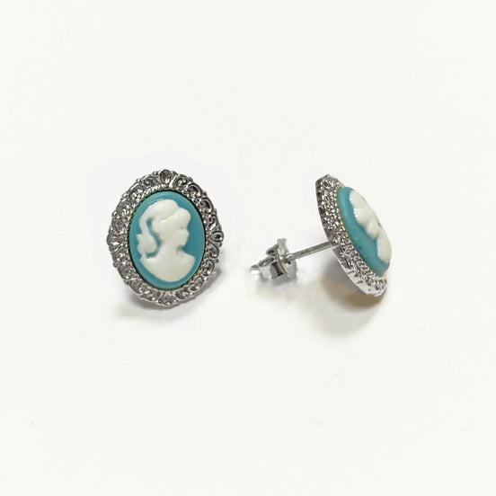 Sterling Silver Cameo Earrings – Blue White Resin Woman Portrait, Victorian Studs 925
