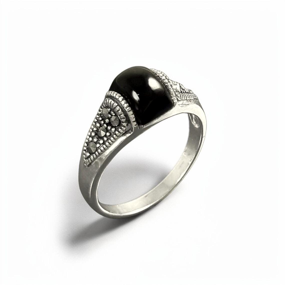 Vintage Art Deco Sterling Silver Ring, Black Onyx & Marcasite