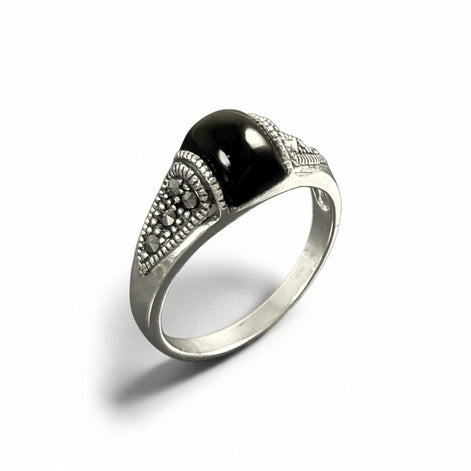 Vintage Art Deco Sterling Silver Ring, Black Onyx & Marcasite