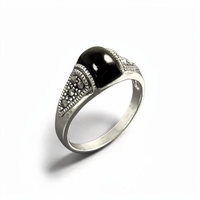 Vintage Art Deco Sterling Silver Ring, Black Onyx & Marcasite