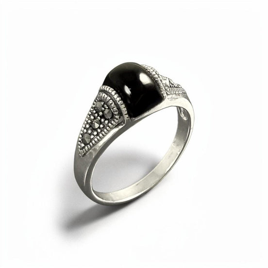 Vintage Art Deco Sterling Silver Ring, Black Onyx & Marcasite