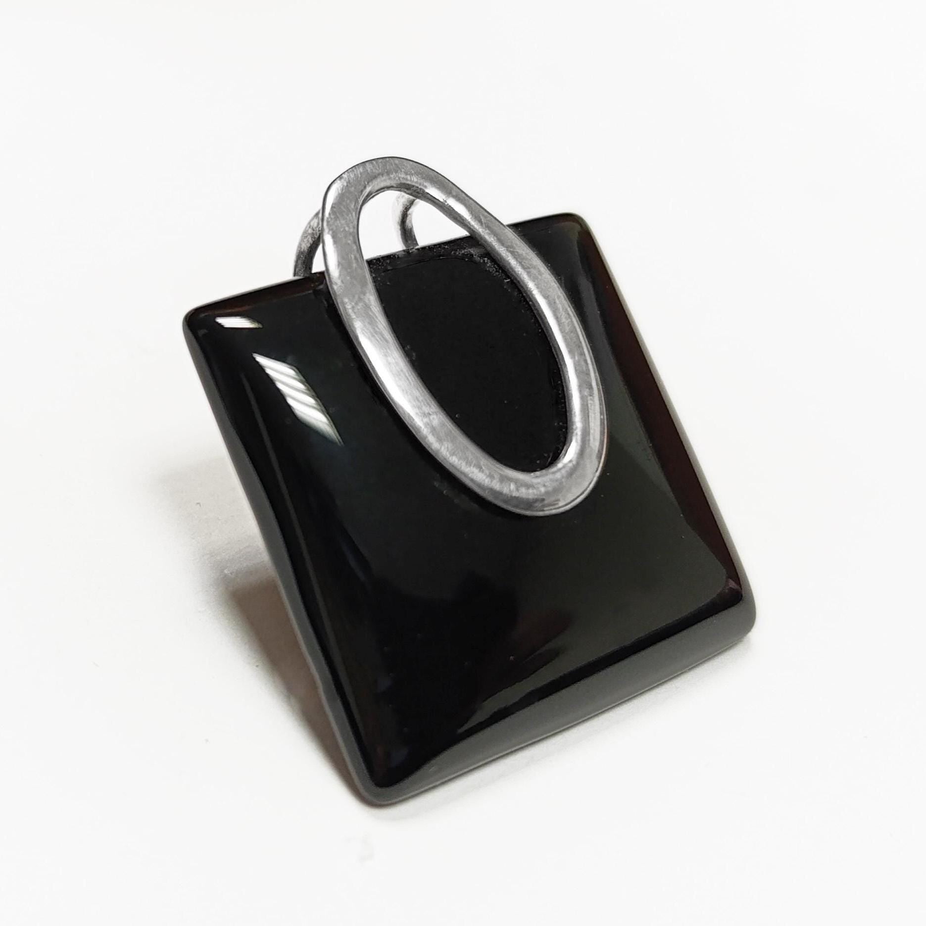 Square Black Onyx Pendant, Sterling Silver Oval Bail, Minimalist Geometric Jewelry