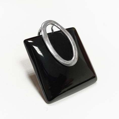 Square Black Onyx Pendant, Sterling Silver Oval Bail, Minimalist Geometric Jewelry