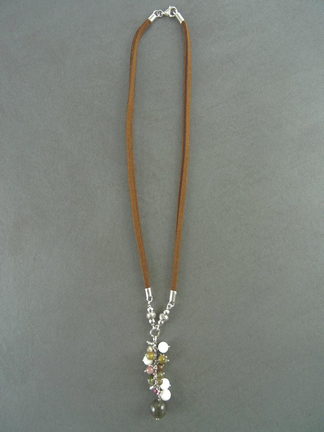 Mixed Stones Necklace Sterling silver, Mixed NATURAL Stones Drop Necklace, Lariat Cluster Gemstone Pendant, Brown Leather Jewelry