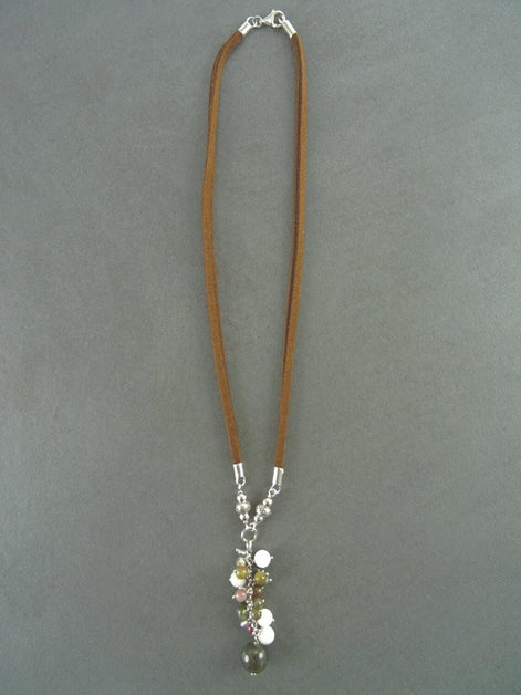 Mixed Stones Necklace Sterling silver, Mixed NATURAL Stones Drop Necklace, Lariat Cluster Gemstone Pendant, Brown Leather Jewelry