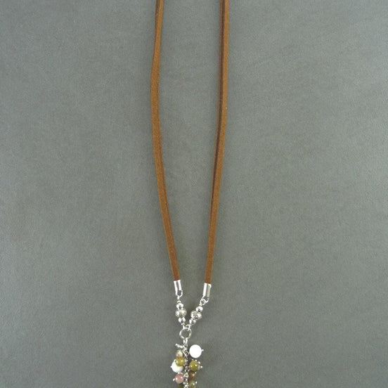 Mixed Stones Necklace Sterling silver, Mixed NATURAL Stones Drop Necklace, Lariat Cluster Gemstone Pendant, Brown Leather Jewelry