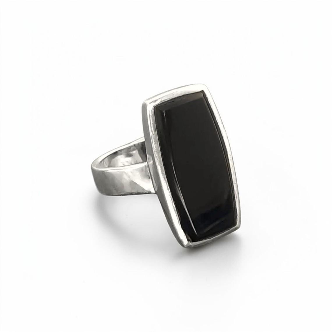 Black onyx ring, sterling silver set with a rectangle onyx stone in a unique modern design