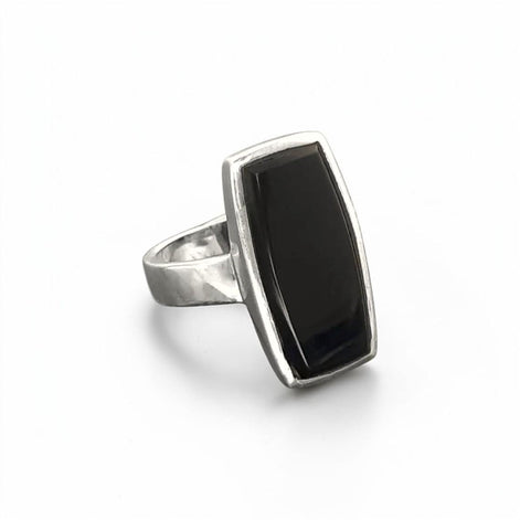 Black onyx ring, sterling silver set with a rectangle onyx stone in a unique modern design