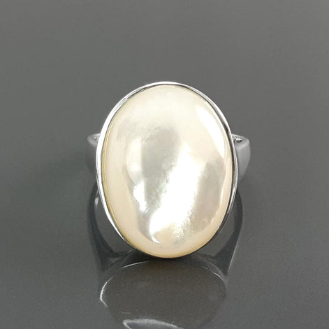 925 domed Oval Mother-of-Pearl Ring, Color Like Pearl Sterling Silver Ring, Hypnotic White Stone