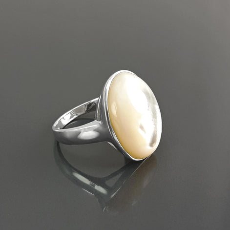 925 domed Oval Mother-of-Pearl Ring, Color Like Pearl Sterling Silver Ring, Hypnotic White Stone