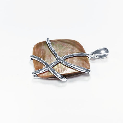 BIG Gold Shell Pendant, Sterling Silver, GENUINE Toffee Color MOP, Modern Square Bold Necklace, Statement Modern Geometric Stone Jewelry