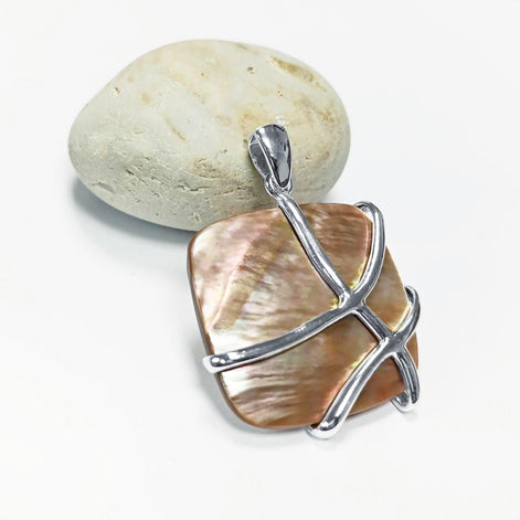 BIG Gold Shell Pendant, Sterling Silver, GENUINE Toffee Color MOP, Modern Square Bold Necklace, Statement Modern Geometric Stone Jewelry