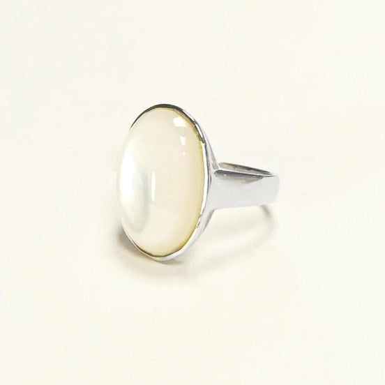 925 domed Oval Mother-of-Pearl Ring, Color Like Pearl Sterling Silver Ring, Hypnotic White Stone