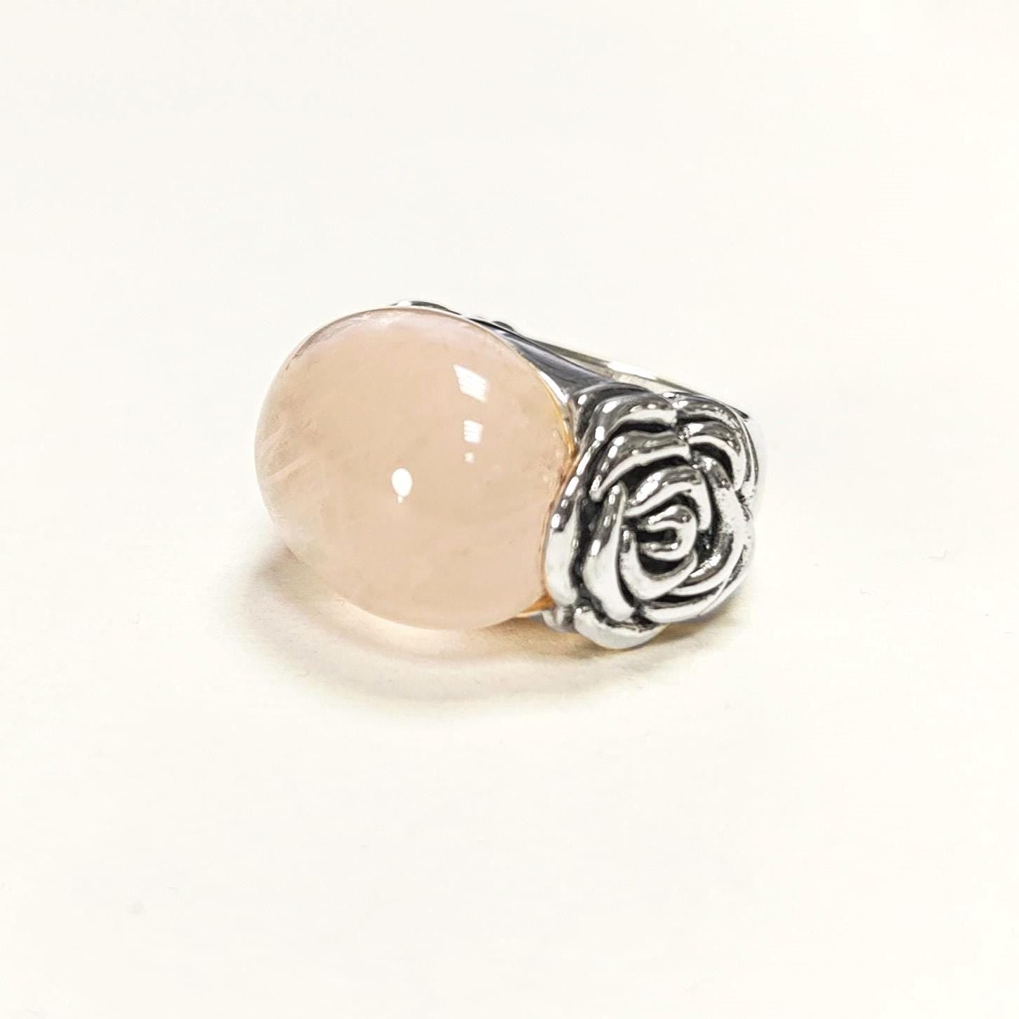 925 Rose Quartz Silver Ring, Sterling Silver jewelry, a Flower motif on each side, Genuine Stone Cabochon, Small Size