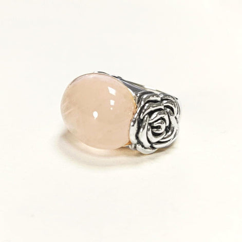 925 Rose Quartz Silver Ring, Sterling Silver jewelry, a Flower motif on each side, Genuine Stone Cabochon, Small Size