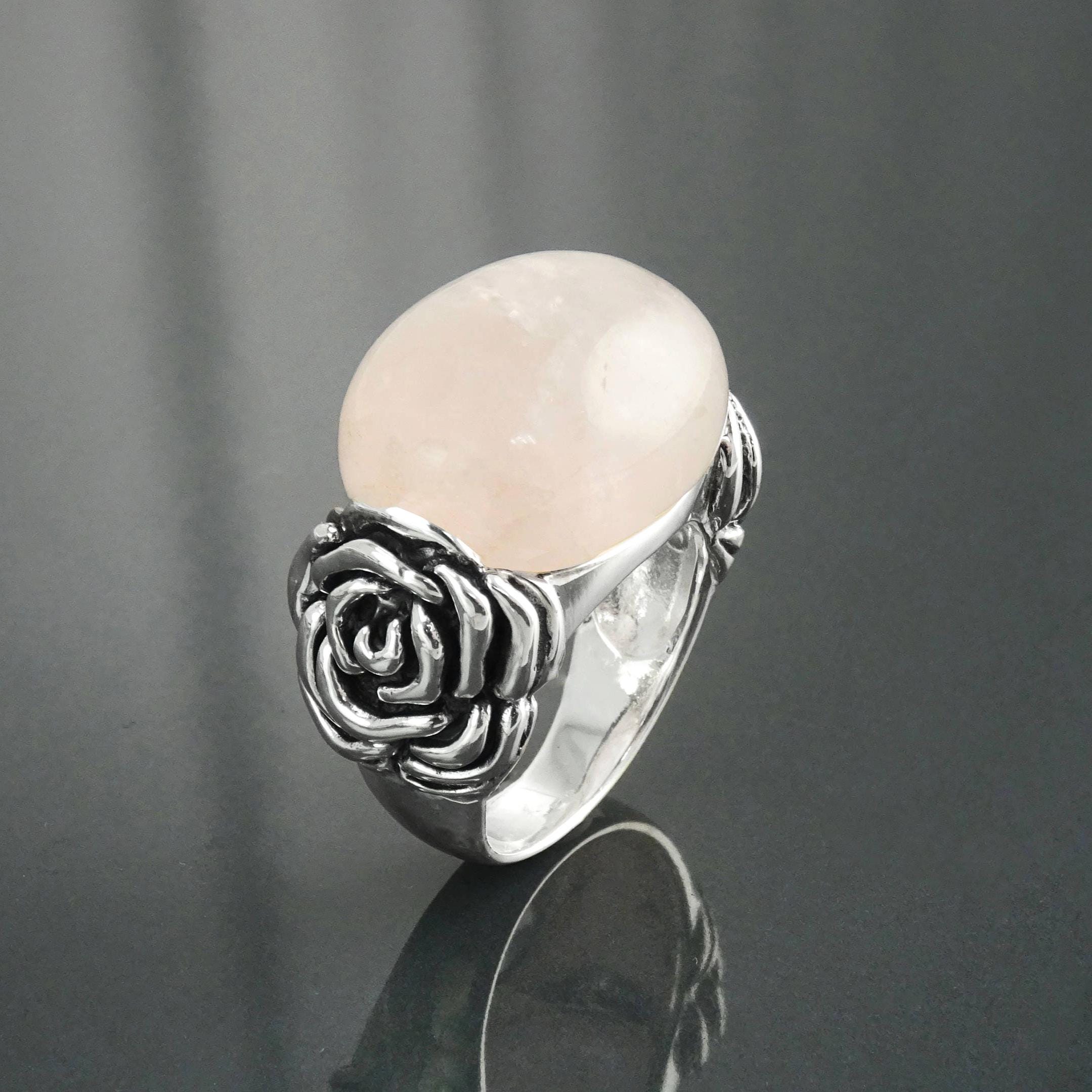 925 Rose Quartz Silver Ring, Sterling Silver jewelry, a Flower motif on each side, Genuine Stone Cabochon, Small Size