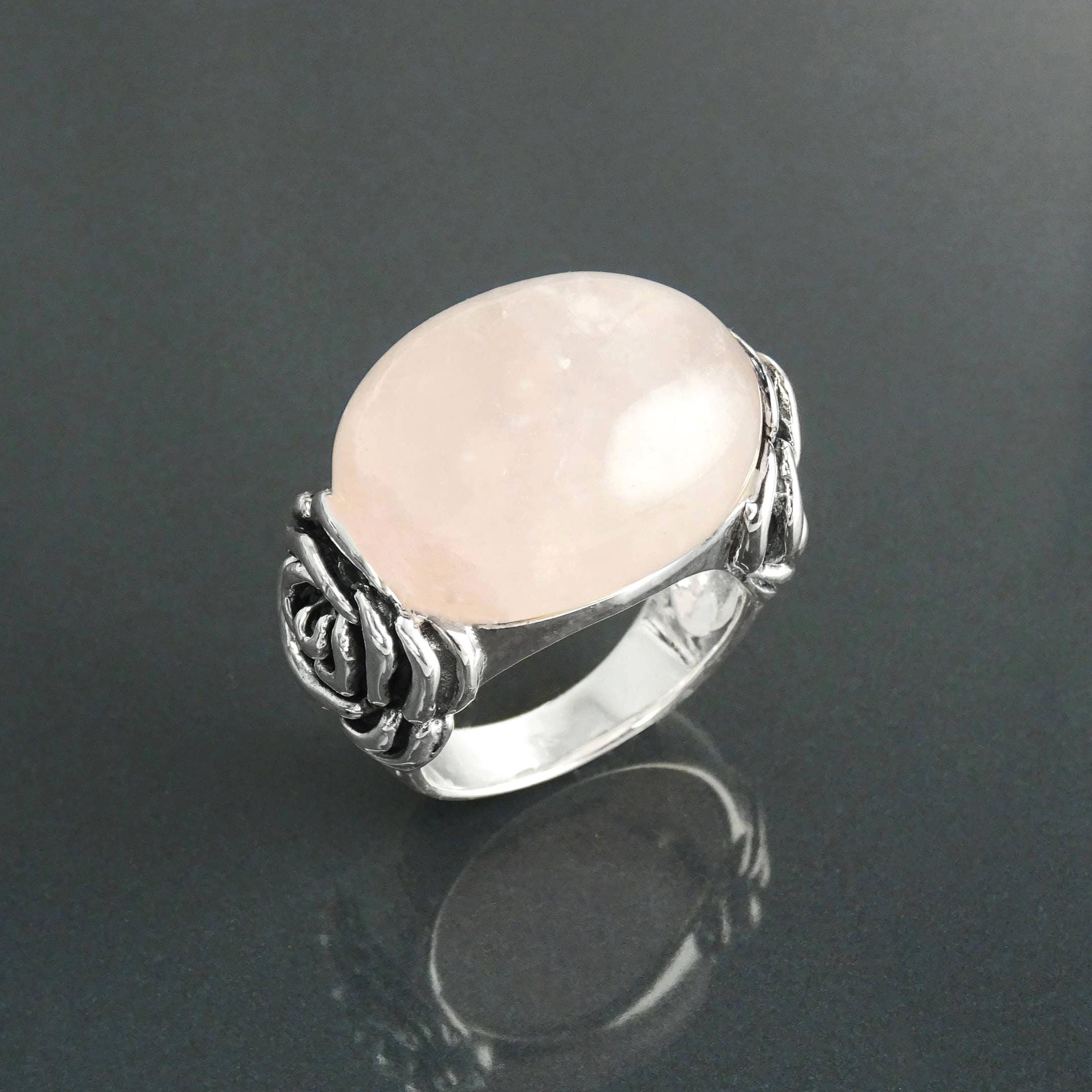 925 Rose Quartz Silver Ring, Sterling Silver jewelry, a Flower motif on each side, Genuine Stone Cabochon, Small Size