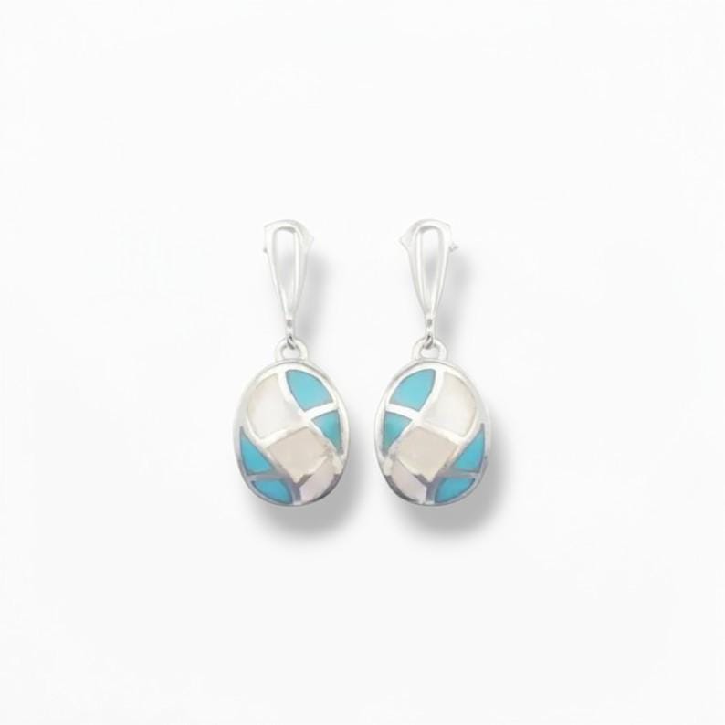 Mother of Pearl and Turquoise Earrings, Sterling Silver, Geometric Oval Mosaic, Modern Jewelry