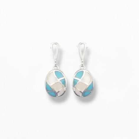 Mother of Pearl and Turquoise Earrings, Sterling Silver, Geometric Oval Mosaic, Modern Jewelry