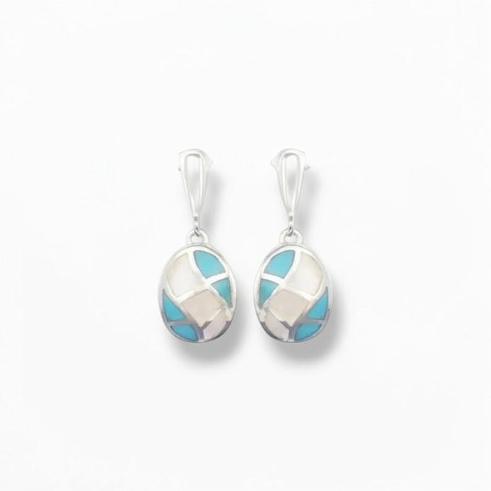 Mother of Pearl and Turquoise Earrings, Sterling Silver, Geometric Oval Mosaic, Modern Jewelry