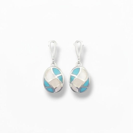 Mother of Pearl and Turquoise Earrings, Sterling Silver, Geometric Oval Mosaic, Modern Jewelry