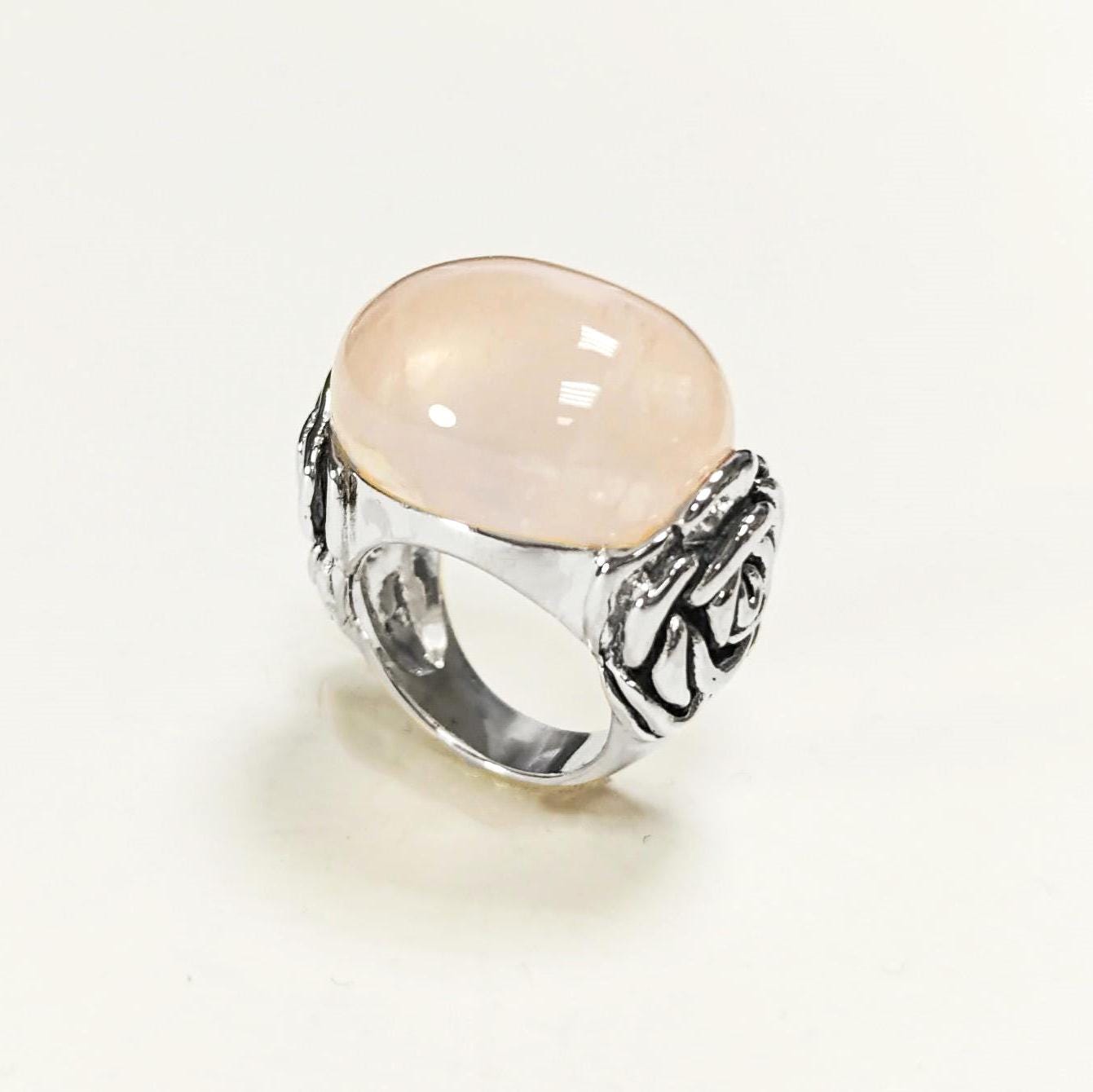 925 Rose Quartz Silver Ring, Sterling Silver jewelry, a Flower motif on each side, Genuine Stone Cabochon, Small Size