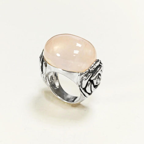 925 Rose Quartz Silver Ring, Sterling Silver jewelry, a Flower motif on each side, Genuine Stone Cabochon, Small Size