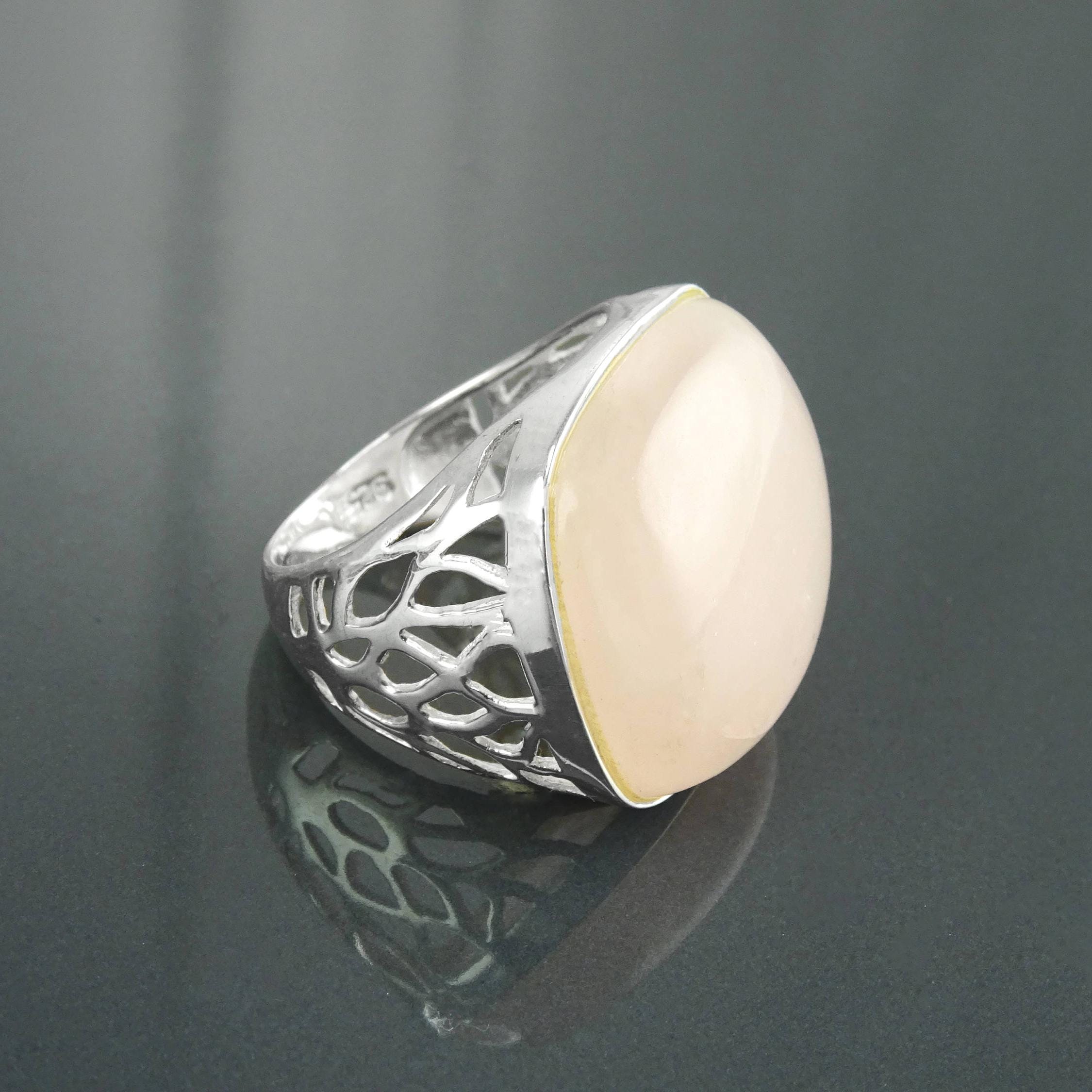 Pink Square Ring, Sterling Silver, NATURAL Rose Quartz Stone, Modern Statement Crystal Gemstone Ring, Bold Filigree Design Jewelry, Gift