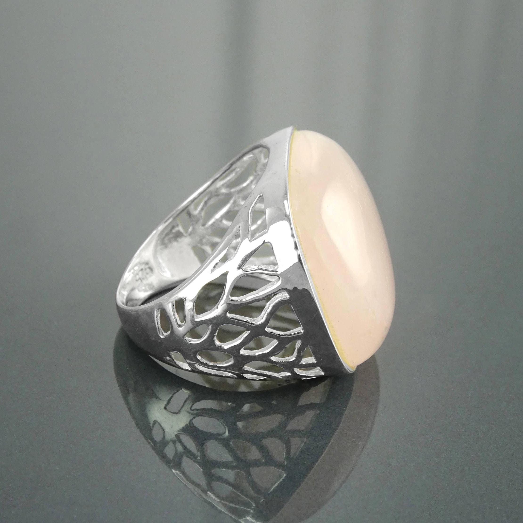 Pink Square Ring, Sterling Silver, NATURAL Rose Quartz Stone, Modern Statement Crystal Gemstone Ring, Bold Filigree Design Jewelry, Gift